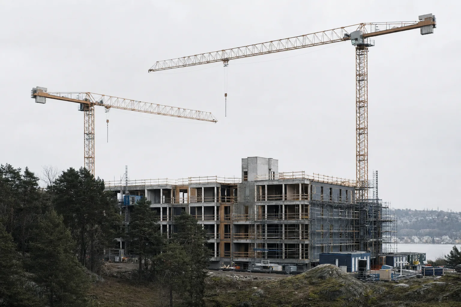 Bostadsbyggnation med två byggkranar över ett halvfärdigt flerbostadshus i dämpat dagsljus.