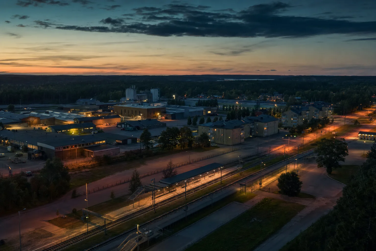 Översiktsbild över svensk ort i skymning med pendeltågsstation, bostadshus och industrihallar.